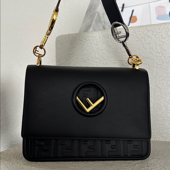 Fendi Inspired Black Shoulder Bag with Gold Accents - Picture 2 of 12